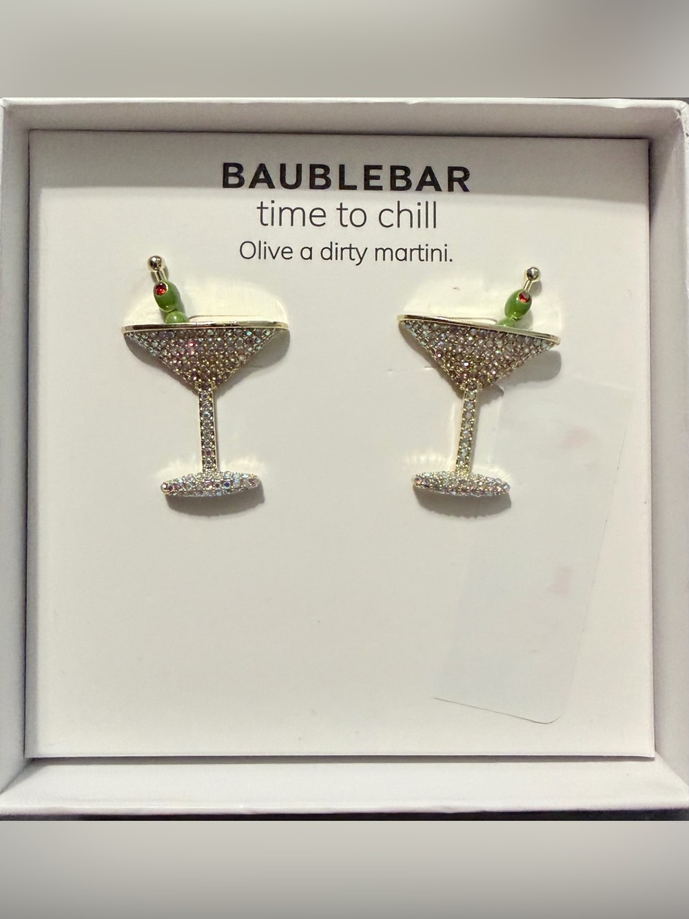 NIB BaubleBar Women’s Gold Crystal Martini Glass Stud Earrings with Green Olive